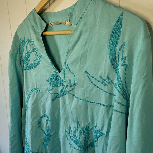 Soft Surroundings Tunic Top 2X Teal Green Mandarin Collar Floral Embroidered - Picture 3 of 7